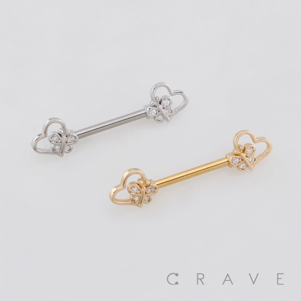 BUTTERFLY AND HEARTS ENDS 316L SURGICAL STEEL NIPPLE RING